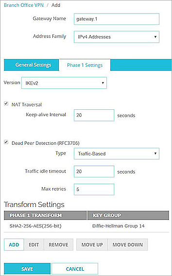 Screen shot of the Phase 1 settings